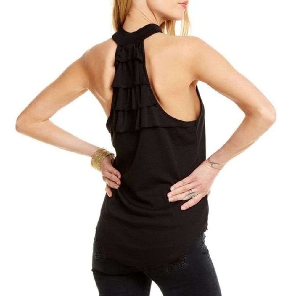 CHASER Rib Tiered Ruffle Back Mock Neck Tank